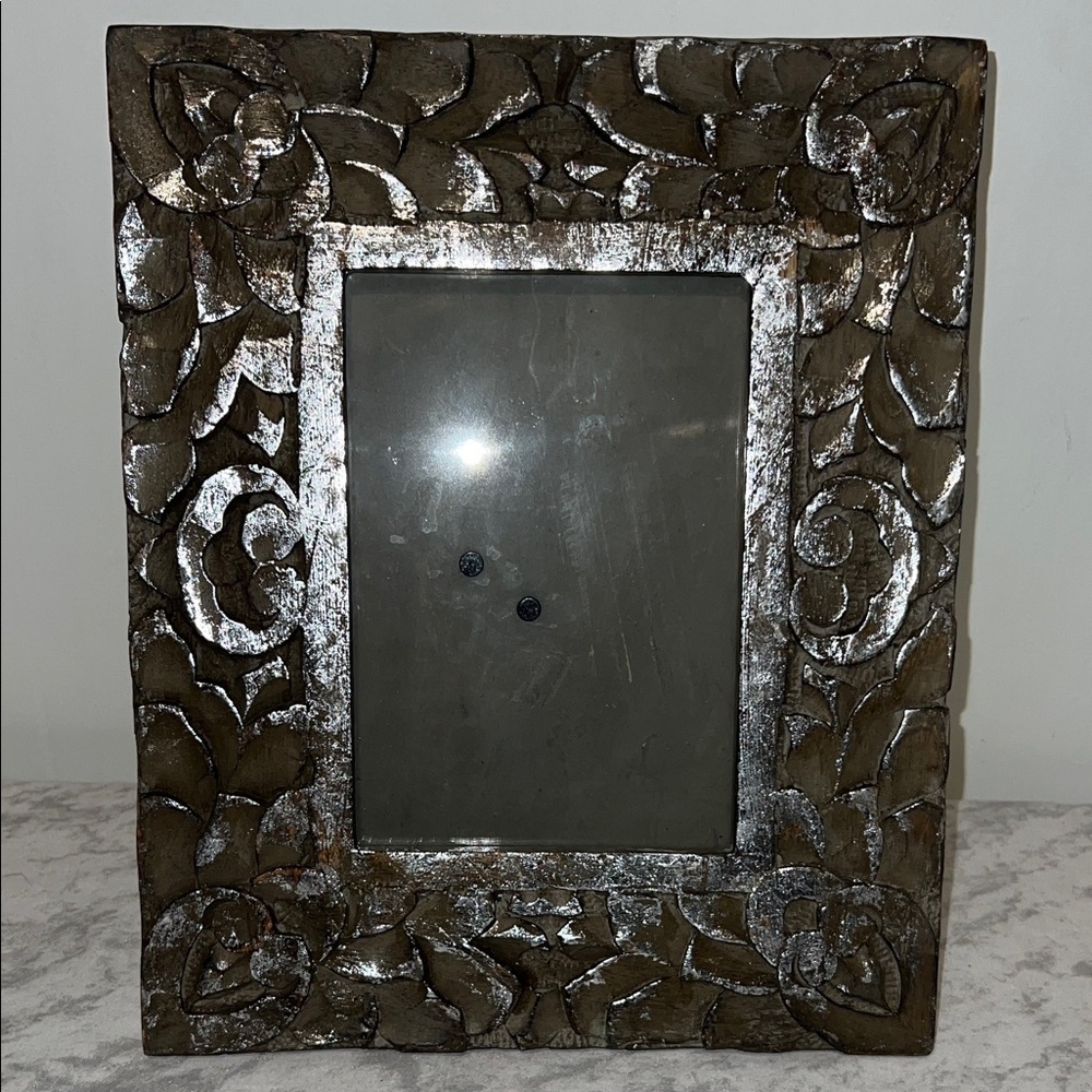 Wooden Carved Ornate Silver and Brown Photo Frame 4” x 6”